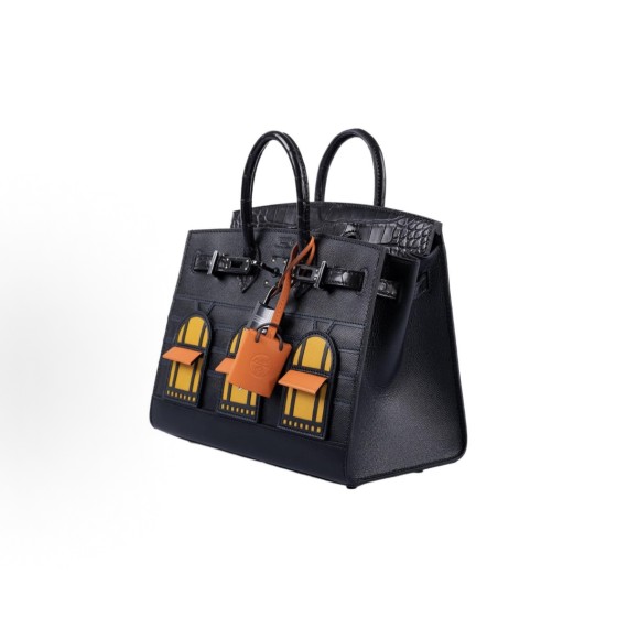 HERMES Birkin 20 Black buckle women\'s Edition matte black, orange and amber